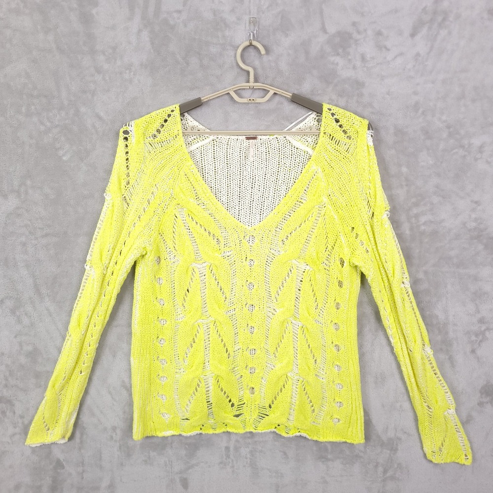 Free People Pullover Sweater Small Spray Highlighter Neon Cable Knit Boho Grunge